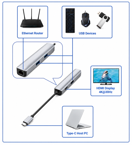 USB-C 5-in-1 dokkimisjaam, HDMI 4K/60Hz, RJ45, 3x USB-A (5G), alumiinium, hõbedane