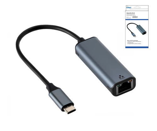 Adaptateur USB C mâle/RJ45 Gbit LAN femelle, 10/100/1000 Mbps avec auto-détection, space grey, DINIC Box avec trou européen, longueur 0,20m