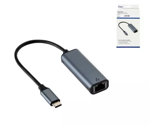 Sovitin USB C -pistoke/RJ45 Gbit LAN-pistorasia, 0,2 m, 10/100/1000 Mbps automaattisella tunnistuksella, harmaa, DINIC Box -laatikko