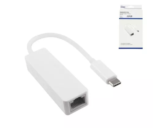Adapter USB C Stecker / RJ45 Gbit LAN, weiß, 10/100/1000 Mbps mit Auto-Erkennung, 0,2m, DINIC Box