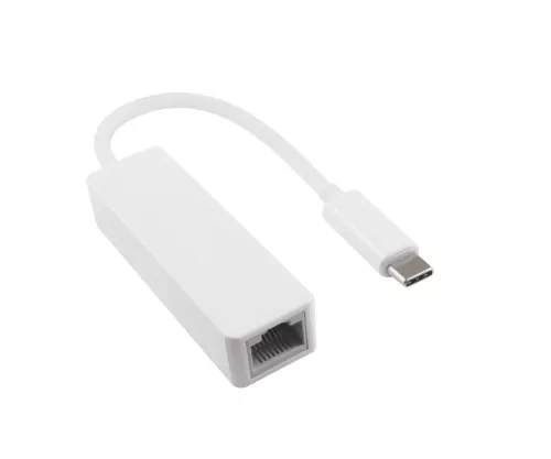 Adapter USB C-plugg / RJ45 Gbit LAN, hvit, 10/100/1000 Mbps med automatisk gjenkjenning, 0,2 m, DINIC-boks