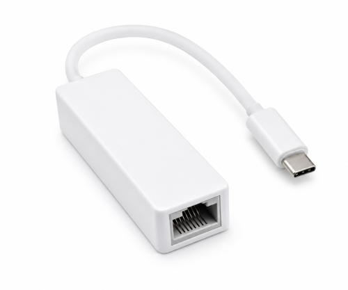 Adapter USB C Stecker / RJ45 Gbit LAN, 10/100/1000 Mbps mit Auto-Erkennung, weiß, DINIC Box mit Euroloch, Länge 0,20m