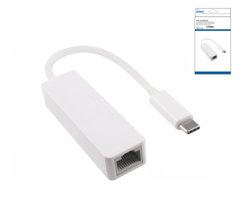 Adapter USB C plug / RJ45 Gbit LAN, 10/100/1000 Mbps with auto detection, white, DINIC box with Euro hole, length 0.20m