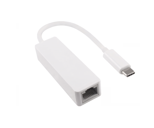 Adapter USB C Stecker / RJ45 Gbit LAN, 10/100/1000 Mbps mit Auto-Erkennung, weiß, DINIC Box mit Euroloch, Länge 0,20m