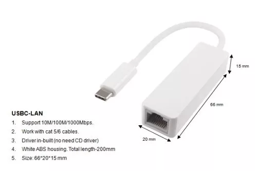Adapter USB C plug / RJ45 Gbit LAN, 10/100/1000 Mbps with auto detection, white, DINIC polybag, length 0.20m