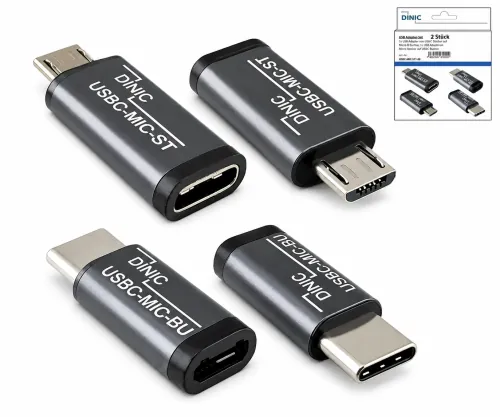 Комплект, USB C мъжки към микро женски + C женски към микро мъжки 2x USB адаптер, алуминий, космическо сиво, DINIC кутия с евроотвор