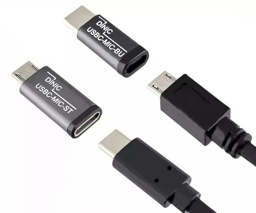 Set, USB C male to micro female + C female to micro male 2x USB adapter, aluminium, space grey, DINIC box with Euro hole
