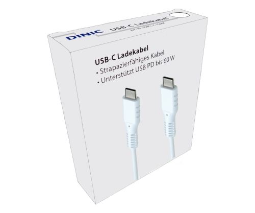 DINIC polnilni kabel USB tipa C do C, 2x vtič USB tipa C, 60W, 3A, zunanja stran: 3,5 mm, bel, v promocijski škatli DINIC, 1,5 m