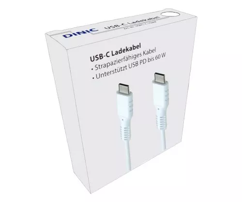 DINIC USB Typ C auf C Ladekabel, 2x USB Typ C Stecker, 60W, 3A, OD: 3.5mm, weiß, im DINIC Aktions-Karton, 1.5m