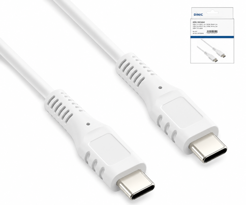 DINIC USB tüüp C-C laadimiskaabel, 2x USB tüüp C pistik, 60W, 3A, OD: 3.5mm, valge, DINIC karbis euroava, 1.5m.