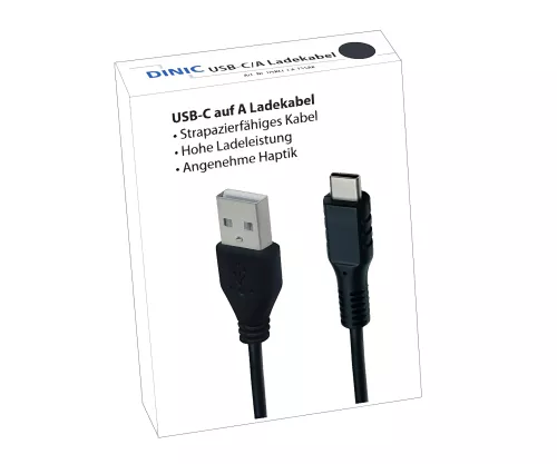 USB type C to A charging cable, USB type C to A plug, 5V, 3A, black, DINIC promotional box, 1.5m
