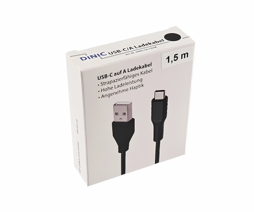USB type C to A charging cable, USB type C to A plug, 5V, 3A, black, DINIC promotional box, 1.5m