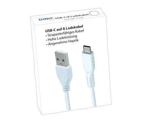 DINIC USB type C to A charging cable, type C to A plug, 5V, 3A, white, DINIC promotional box, 1.5m