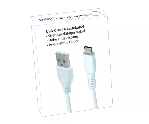 DINIC USB type C to A charging cable, type C to A plug, 5V, 3A, white, DINIC promotional box, 1.5m