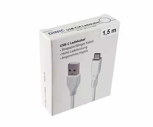 Cavo di ricarica DINIC USB tipo C a A, spina tipo C a A, 5V, 3A, bianco, confezione promozionale DINIC, 1,5 m