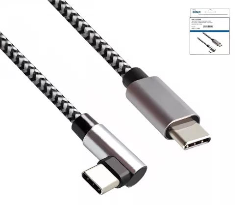USB-C auf C 90° Ladekabel, HQ-Alu Stecker, 60w, Nylon Kabel, Space Grey, DINIC Box mit Euroloch, 0,15m