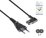 Kabel sieciowy kątowy typu C do C7, 0,75 mm², wtyczka Euro/IEC 60320-C7, VDE, czarny, długość 2,00 m, puszka DINIC