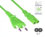 Kabel zasilający z wtyczką Euro typu C do C7, 0,75 mm², wtyczka Euro/IEC 60320-C7, VDE, zielony, długość 1,80 m, puszka DINIC