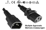 Cable de alimentación C13 a C14, prolongación, 1mm², multi homologaciones: VDE/UL/CCC/KTL/SAA/PSE, negro, longitud 3,00m