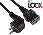 Napájecí kabel Europe CEE 7/7 90° na C19, 1,5 mm², se zámkem, VDE, černý, délka 2,00 m