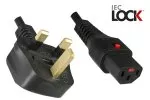 Power cord England UK type G 5A to C13, with lock, 1,00mm², approval: BSI or ASTA, black, length 2,00m