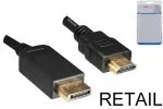 Kábel DisplayPort na HDMI, DP 20pin na HDMI konektor, max. rozlíšenie 1920x1080p pri 60Hz, čierny, 2,00m, blister DINIC