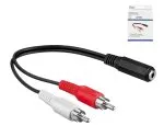 Cable de audio de 3,5 mm a 2 conectores RCA, negro, caja DINIC con euroagujero, longitud 0,20 m