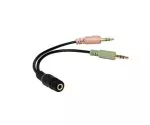 Adaptor Y de la mufă cu 4 pini la fișă cu 2x 3 pini, mufă jack de 3,5 mm/2x fișă jack de 3,5 mm, negru, pungă DINIC, lungime 0,15 m