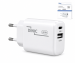 Cargador/alimentación USB C+A 20 W, PD, blanco, caja Power Delivery, blanco, caja DINIC con euroagujero