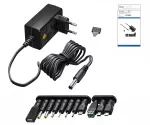 Universalus maitinimo šaltinis, 3 V-12 V, 2,25 A, maks. 27 W, įskaitant 11 skirtingų adapterių, juodos spalvos, DINIC dėžutė su Euro skyle. Adapteriai, juodi, DINIC dėžutė su Euro skyle
