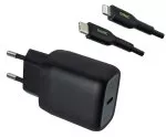 Zestaw ładowarek USB typu C 20 W, PD, czarny, 1 m Zestaw Lightning/C 5 V/3 A; 9 V/2,22 A (PD3.0), czarny