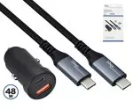 Szybka ładowarka samochodowa USB 48 W C + A z USB-C, ładowarka samochodowa USB + kabel HQ USB 3.2 C - C, czarna, pudełko DINIC z otworem Euro, kabel 1 m