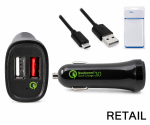 USB car QC3 charging adapter + USB C to A cable, output 1: 5V 2.4A; output 2: 5V/3A, 9V/2A, 12V/1.5A, black, DINIC blister with Euro hole, 1.00m