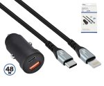 USB KFZ 48W C+A Schnelllader + Lightning Kabel, 48W USB KFZ Lader + USBC - Lightning HQ Kabel, schwarz, DINIC Box mit Euroloch, 1m