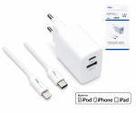 Set de carga USB C+A 20W, PD, Lightning/C 20W, 3,6V~5,9V/3A; 6~9V/2A; 9V~12V/1,5A, blanco, caja DINIC con euroagujero, 1m