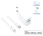 USB C+A Lade-Set 20W, PD, Lightning/C 20W, 3,6V~5,9V/3A; 6~9V/2A; 9V~12V/1,5A, weiß, DINIC Box mit Euroloch, 2m