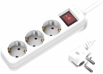 Socket strip, 3-way, with switch, GS, CE, white, cable length 1.30m