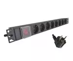 Regleta de enchufes de aluminio de 19 pulgadas con interruptor, 8 vías, negro, longitud de cable 1,80 m