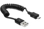 Micro USB-spiralkabel, Micro B-kontakt til USB A-kontakt, 20-60 cm, svart