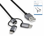Кабел за пренос на данни/зареждане USB 3 в 1, USB A към 1x USB C / 1x Micro USB или 1x Lightning, DINIC кутия с евроотвор, 1,00 м