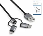 Кабел за пренос на данни/зареждане USB 3 в 1, USB A към 1x USB C / 1x Micro USB или 1x Lightning, DINIC кутия с евроотвор, 1,00 м