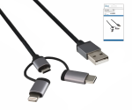 USB 3 in1 Premium Daten-/Ladekabel, USB A auf 1x USB C / 1x Micro USB oder 1x Lightning, DINIC Box mit Euroloch, 1,00m