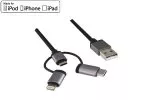 USB 3 in1 Premium Daten-/Ladekabel, USB A auf 1x USB C / 1x Micro USB oder 1x Lightning, DINIC Box mit Euroloch, 1,00m